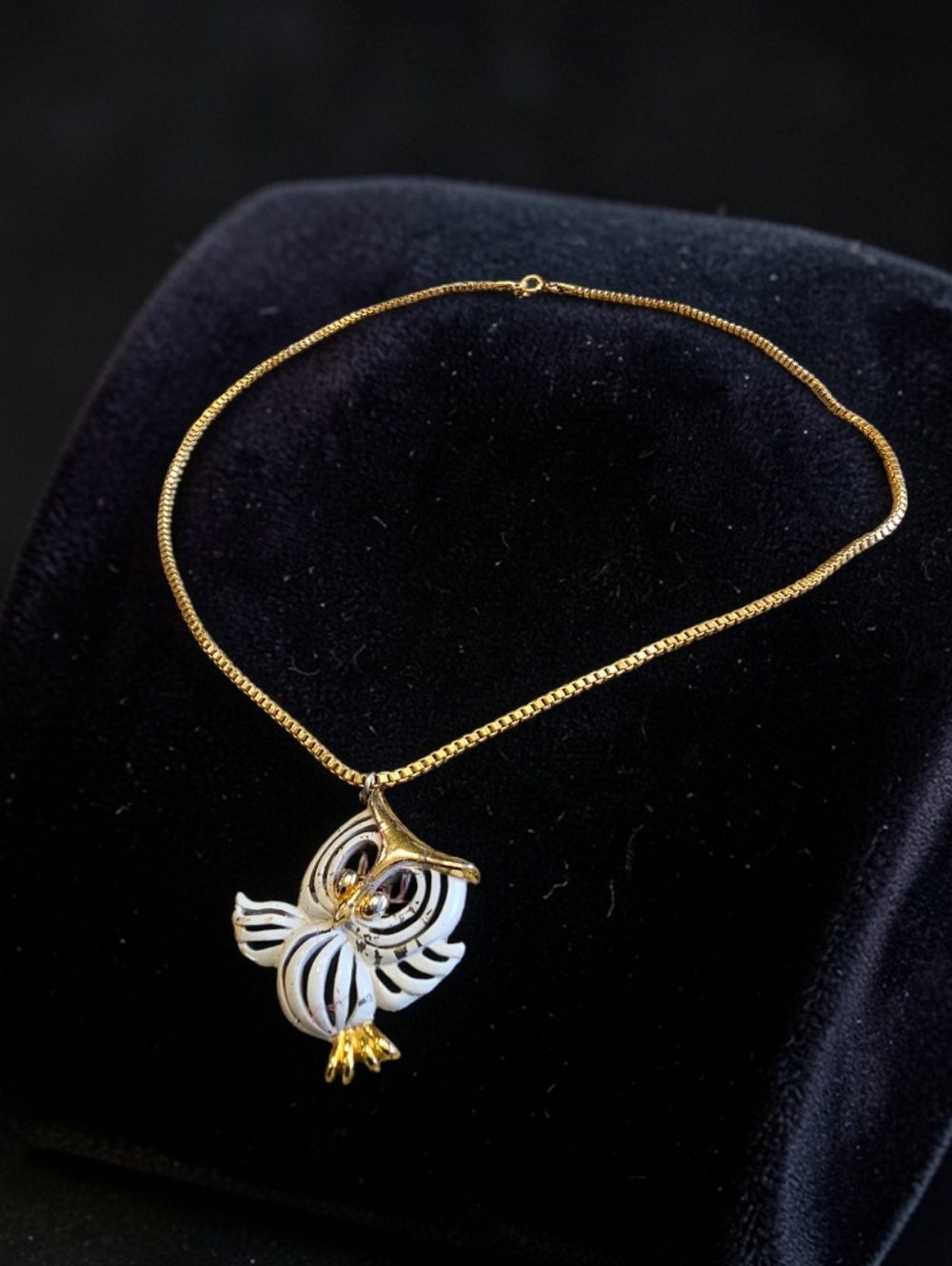 Vintage JJ Owl Pendant Necklace – Gold Tone & Enamel Signed JJ